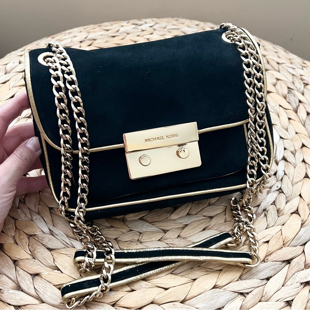 Michael Kors genuine black suede leather gold chain purse